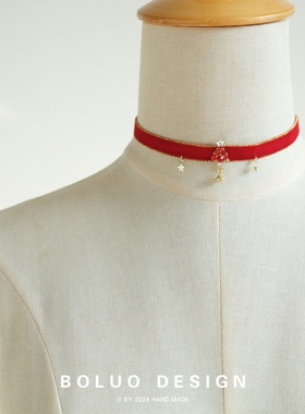 菠萝原创手作红丝绒圣诞树锁骨链