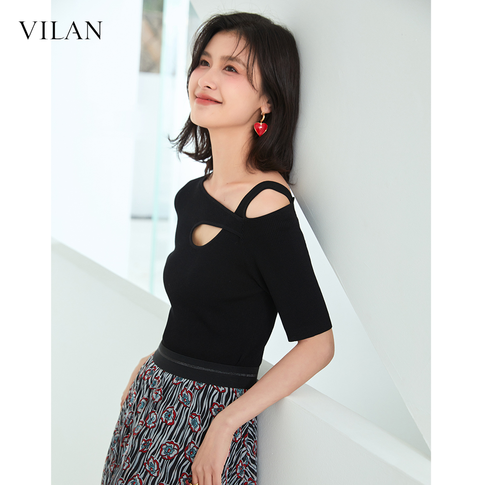 vilan/慧兰短袖t恤女夏2024新款半袖一字肩上衣独特超好看设计感 女装/女士精品 T恤 原图主图