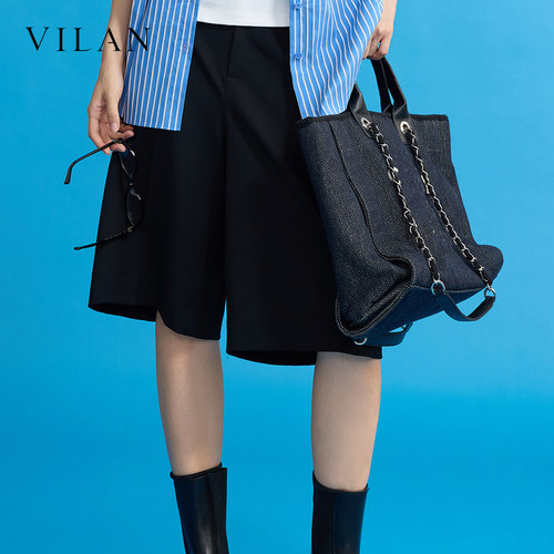 vilan慧兰2026秋季新款短裤女黑色高腰阔腿五分中裤垂感休闲裤子