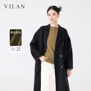 vilan/慧兰羊绒大衣女气质中长款西装领双排扣宽松高级感毛呢外套