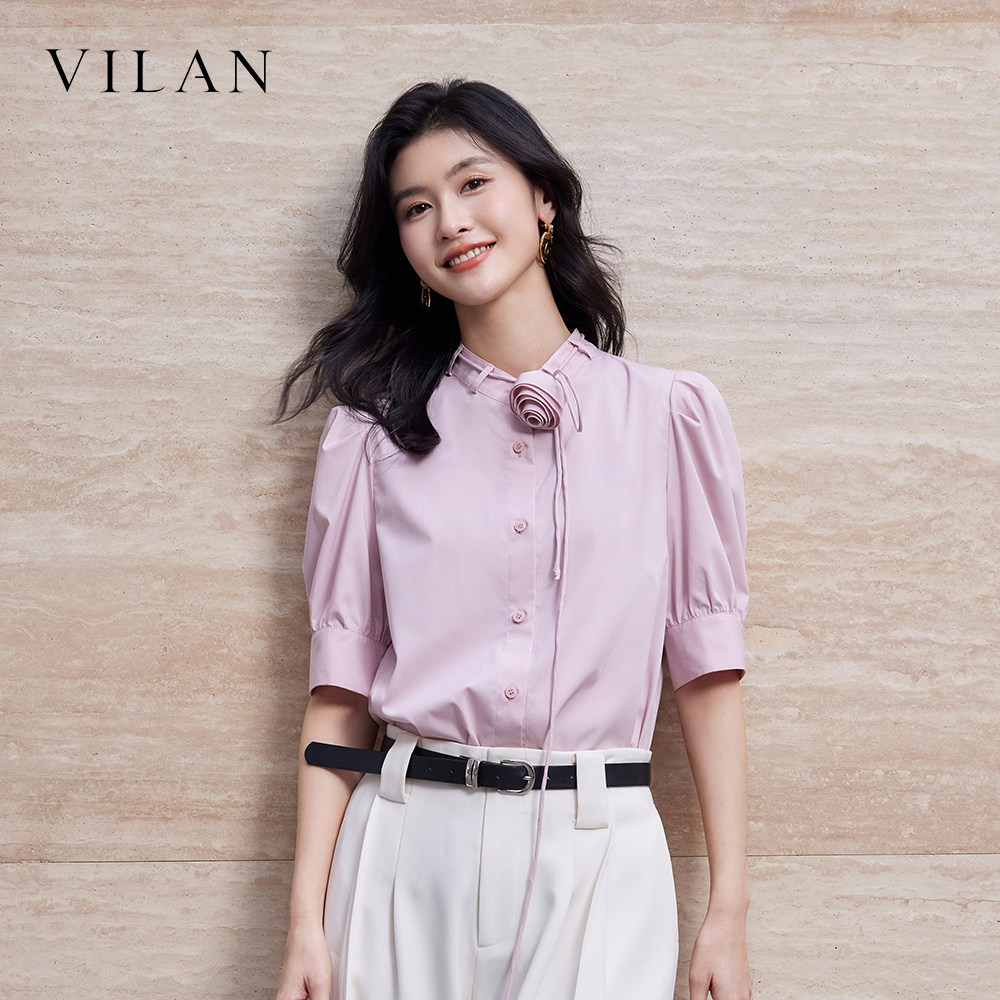 vilan法式温柔风 粉色泡泡袖衬衫 慧兰 遮肉显瘦百搭职场衬衫女