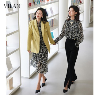 vilan/慧兰轻奢法式小立领碎花真丝连衣裙女秋季新款收腰复古裙子