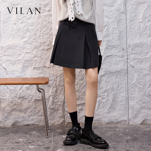 vilan慧兰通勤西装百褶短裙高腰自带腰带压褶显瘦A字短半身裙女