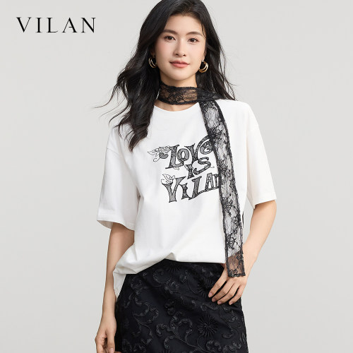 vilan慧兰2026 秋季新款T恤女复古字母印花圆领宽松短袖内搭上衣