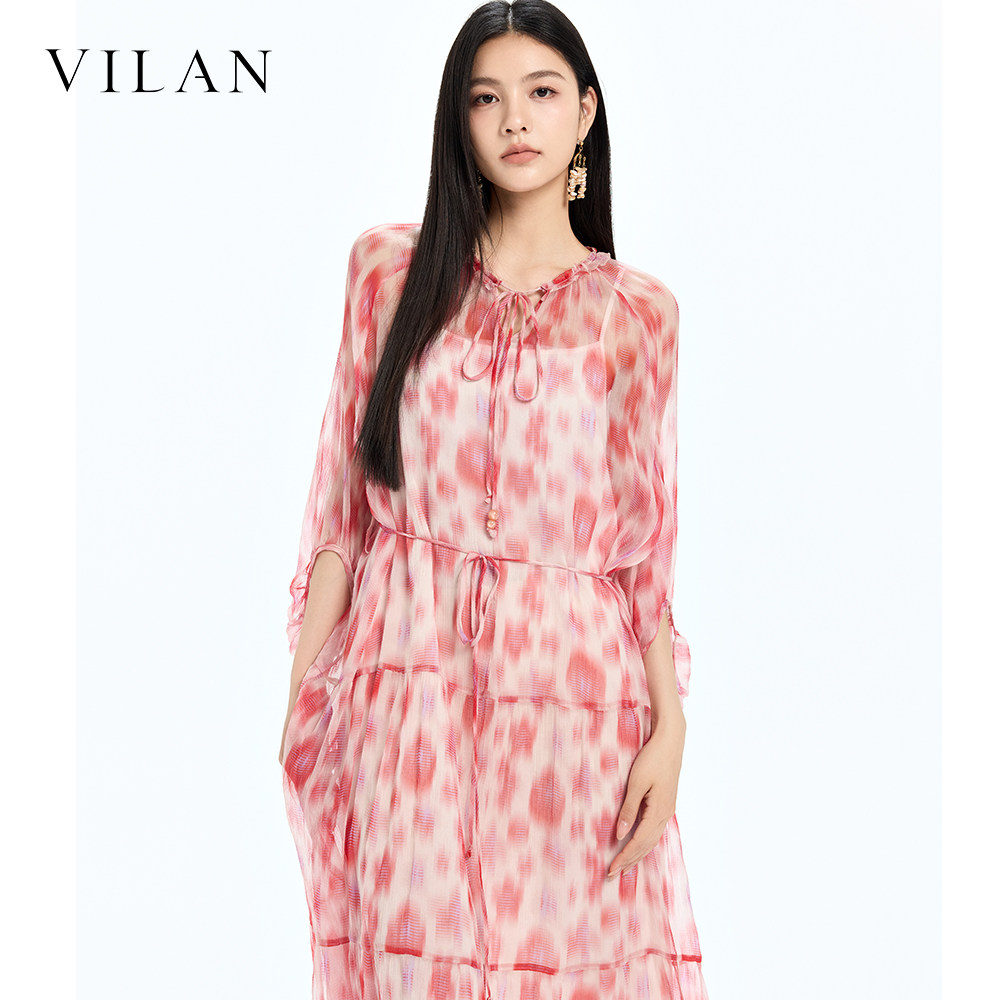 vilan 慧兰粉色晕染雪纺连衣裙女夏新款宽松显瘦度假风长款裙子