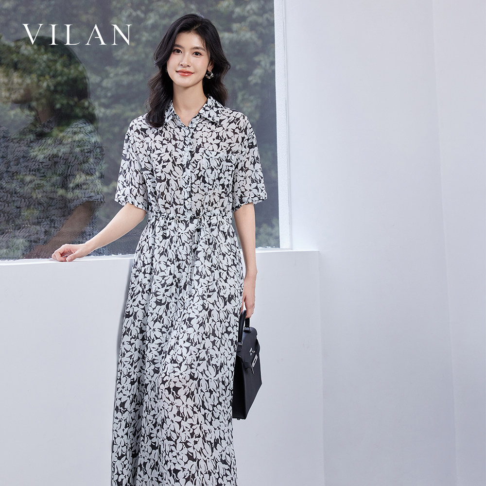 vilan 慧兰黑白印花雪纺连衣裙中长款通勤显瘦气质法式复古女装