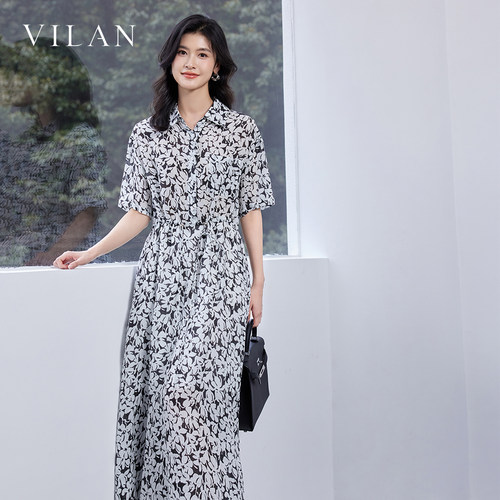 vilan 慧兰黑白印花雪纺连衣裙中长款通勤显瘦气质法式复古女装