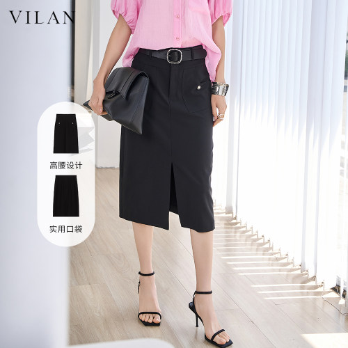 vilan/慧兰半身裙女2025新款高腰显瘦通勤前开叉职场优雅中裙