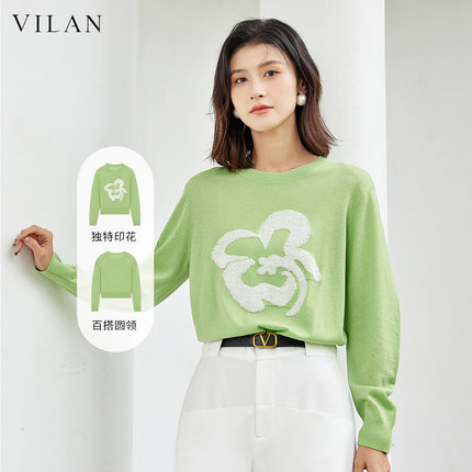 vilan/慧兰绣花针织衫女士宽松圆领春季新款内搭外穿套头毛衣