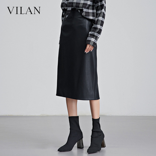新款 vilan 慧兰气质专柜款 半身裙女2025冬季 高腰显瘦黑色复古 时尚