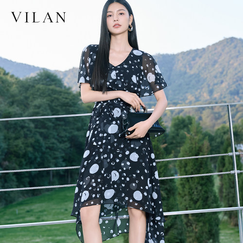 vilan慧兰波点雪纺连衣裙女夏新款 V 领收腰显瘦不规则中长款裙子