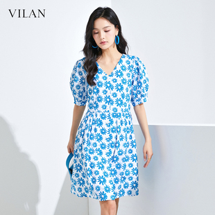 慧兰南法度假风连衣裙显瘦气质小个子碎花收腰茶歇系中裙 vilan