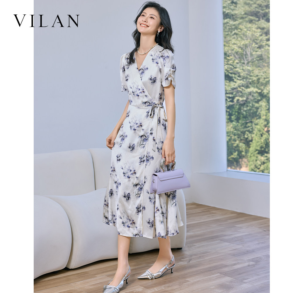 vilan 慧兰法式碎花连衣裙女夏新款 V 领收腰系带气质显瘦中长裙