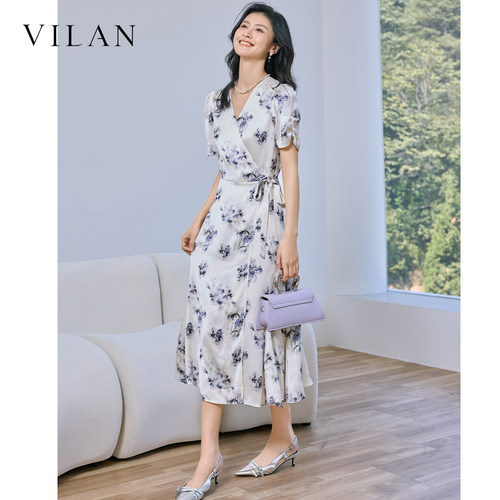 vilan 慧兰法式碎花连衣裙女夏新款 V 领收腰系带气质显瘦中长裙