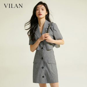 vilan/慧兰连衣裙女气质夏季新款时尚气质通勤直筒修身条纹中长裙