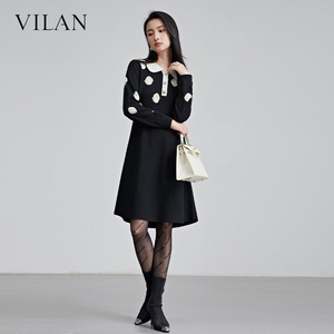 vilan/慧兰小香风针织连衣裙女2025新款高腰A字裙气质打底毛衣裙
