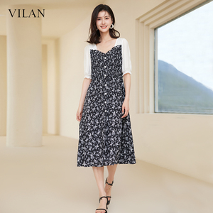 vilan/慧兰法式碎花裙连衣裙女新款黑色小个子夏季雪纺高级感显瘦