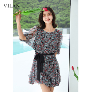 vilan/慧兰雪纺碎花连衣裙女2025新款绝美显瘦短裙黑色气质短袖仙