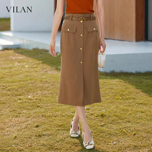 新款 通勤高腰显瘦高级感直排扣长裙子 慧兰半身裙女2025秋季 vilan