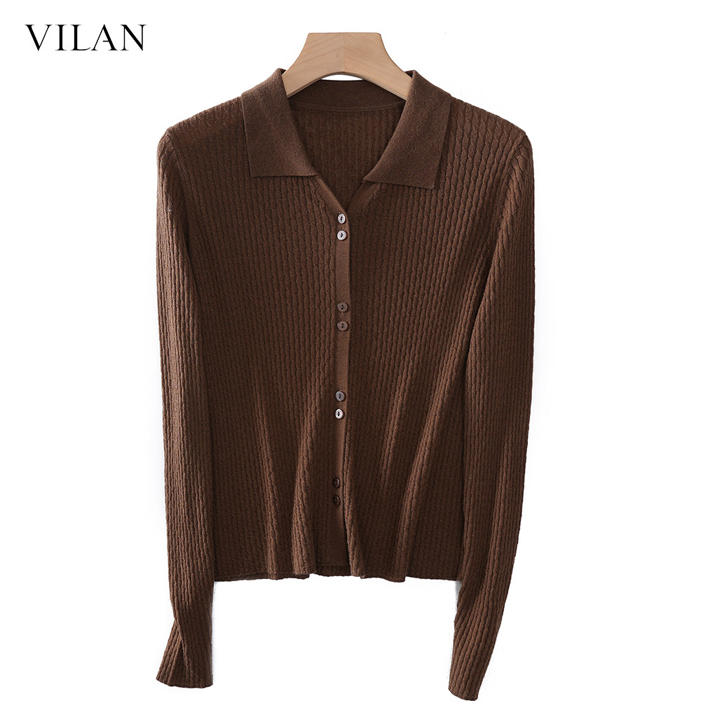 vilan/慧兰肌理感开衫外套女宽松毛衣春秋新款针织衫翻领上衣