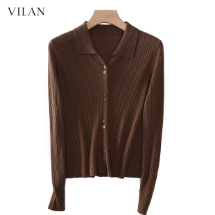 vilan/慧兰肌理感开衫外套女宽松毛衣春秋新款针织衫翻领上衣