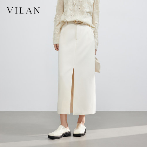 vilan/慧兰高腰开叉半身裙女2026春季新款显瘦通勤白色直筒长裙