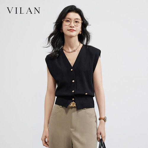 Vilan慧兰2026新款黑色V领针织马甲女无袖设计感小众收腰叠穿背心