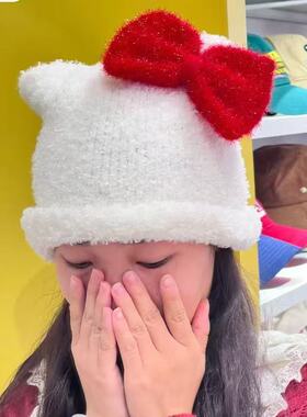小红书3F同款可爱KT猫蝴蝶结针织帽秋冬加厚保暖套头帽女生网红