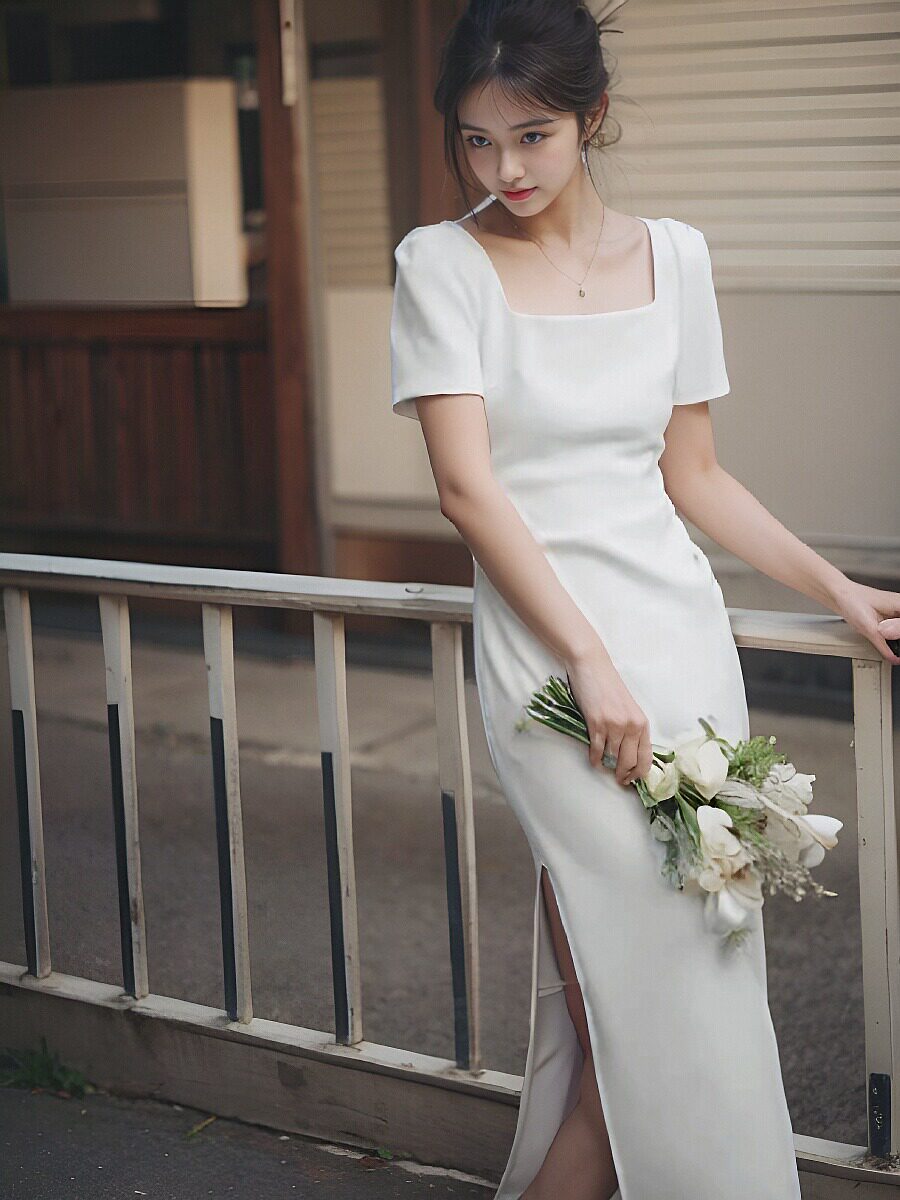 法式方领短袖修身气质长款小白裙高级感订婚领证登记小礼服连衣裙