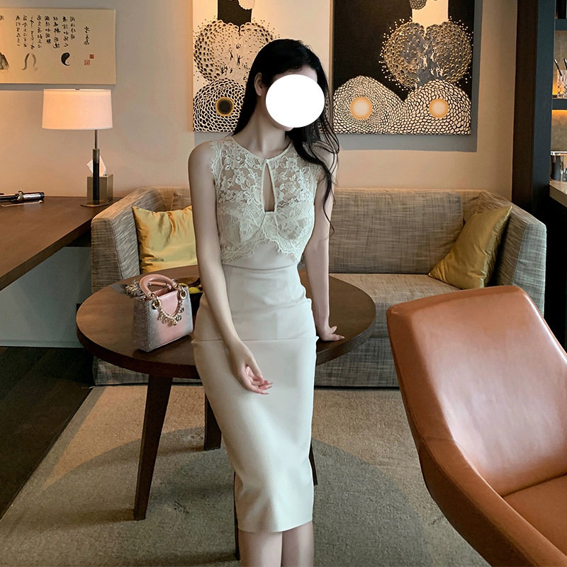 高端蕾丝拼接无袖纯欲连衣裙名媛