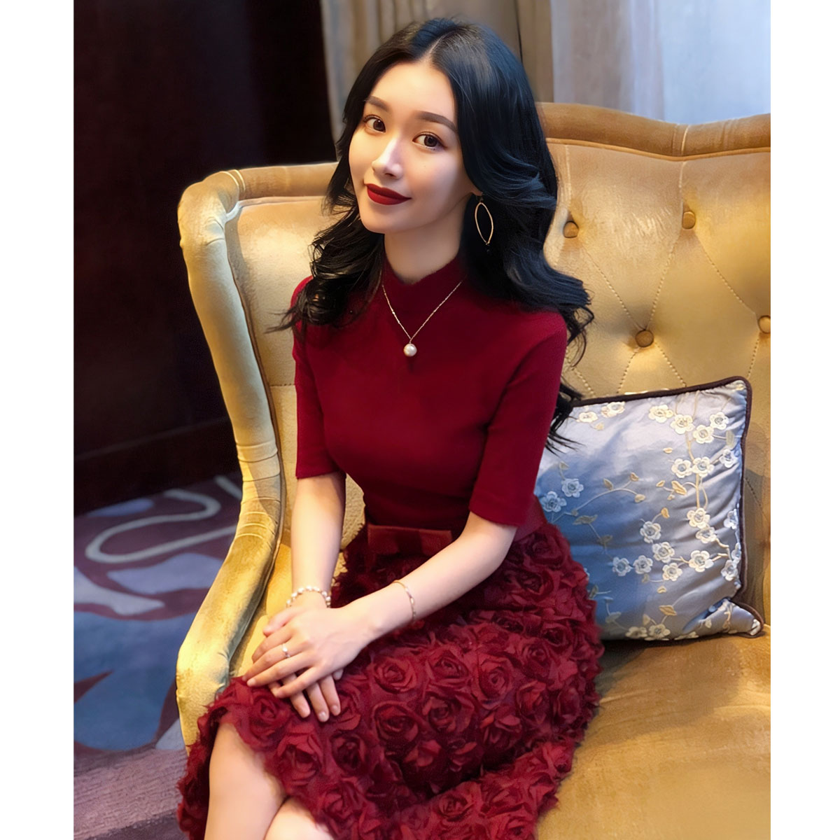 高端宴会玫瑰花裙摆礼服连衣裙