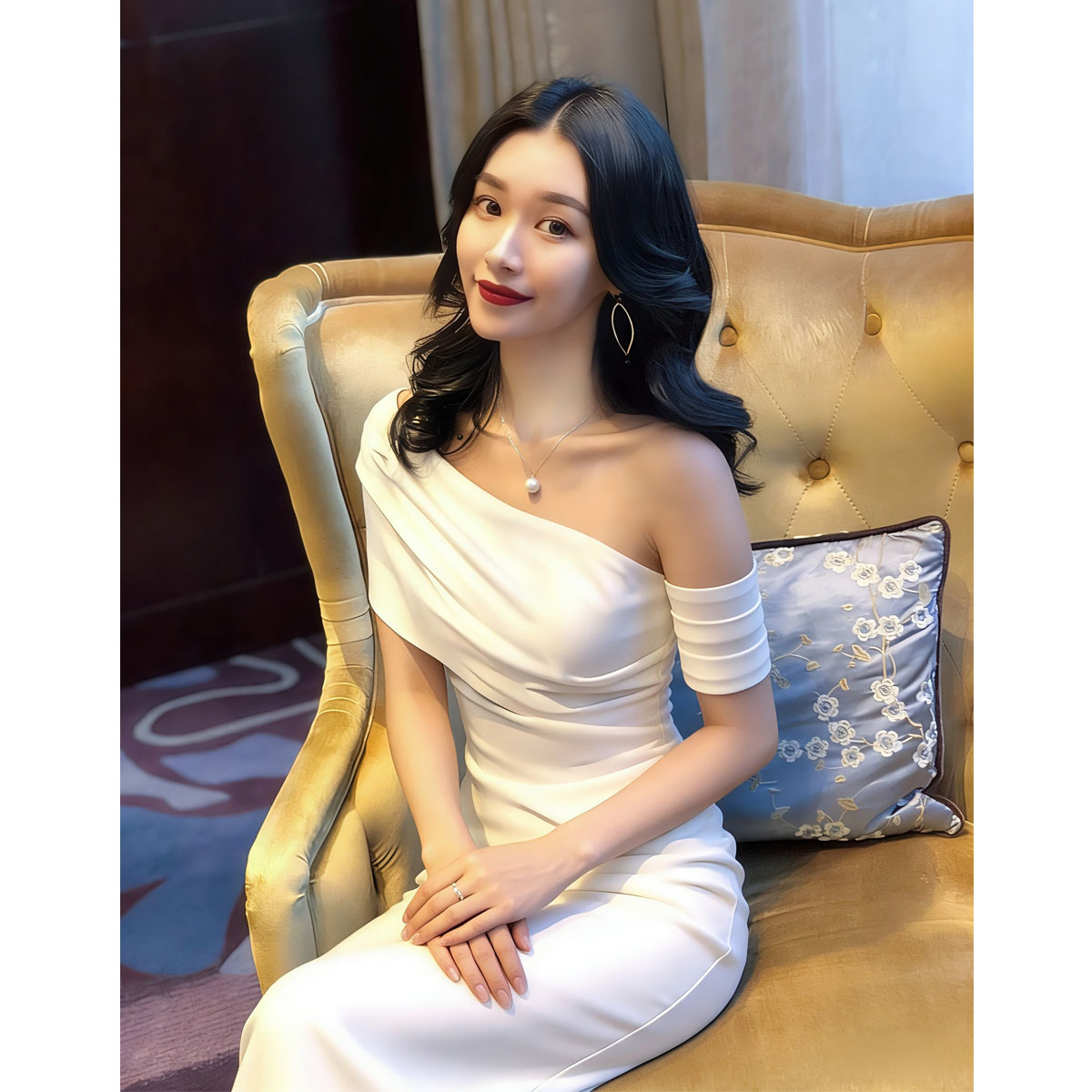 法式小众生日派对宴会礼服裙斜肩收腰包臀长裙子气质显瘦连衣裙女