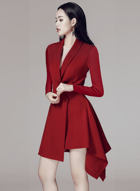 红色西装女轻熟风chic名媛不规则小礼服年会聚会连衣裙设计感潮OL