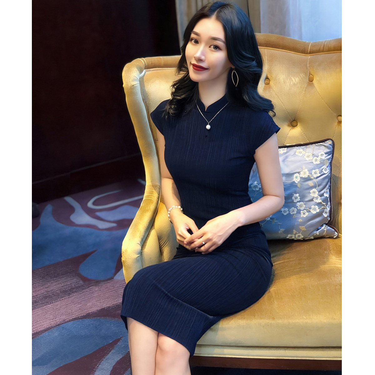 高端新中式国风藏蓝色改良旗袍女夏日常通勤气质收腰显瘦连衣裙女