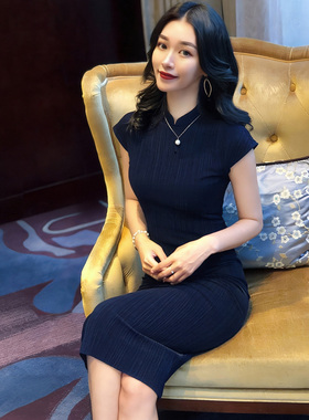 高端新中式国风藏蓝色改良旗袍女夏日常通勤气质收腰显瘦连衣裙女