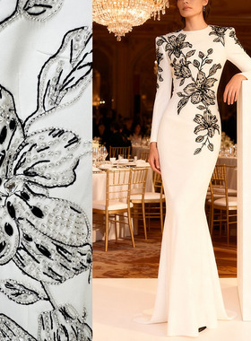 高端晚宴会礼服年会战袍主持人长裙白色重工绣珠镶钻长款连衣裙