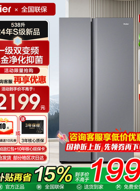 海尔538L升对开双门一级能效变频家用超薄大容量风冷无霜冰箱补贴
