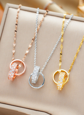 新款双环相扣项链女高级感轻奢ins冷淡风简约钛钢锁骨链微镶百搭