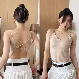 法式冰丝性感蕾丝交叉美背吊带背心上衣无痕聚拢固定杯大码内衣女