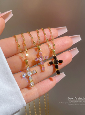 【钛钢】微镶轻奢锆石十字架精致微镶项链女时尚潮流锁骨链厂家