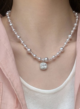 曼塔玫瑰方糖施家珍珠项链轻奢小众高级感颈链毛衣链气质锁骨链女