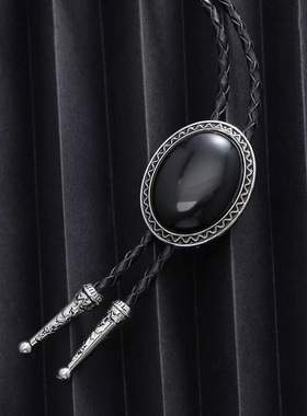 跨境新品墨绿宝石黑宝石bolo tie轻奢波洛项链男女皮绳项坠气质