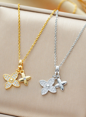 跨境时尚微镶双四叶花钛钢项链女轻奢真金电镀18K保色锁骨链饰品