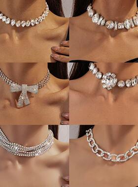 欧美跨境夸张镶钻蝴蝶结项链轻奢高级感锁骨链时尚精致气质项饰女