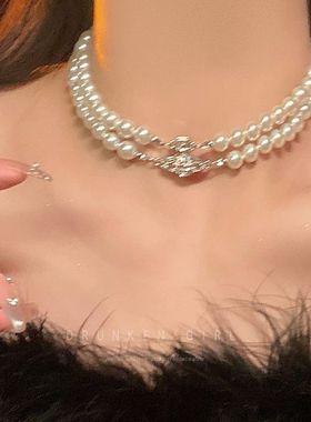 西太后土星双层珍珠项链女choker轻奢感配饰多层小众锁骨颈链