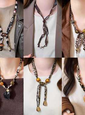 秋冬复古布艺印花木珠爱心几何吊坠项链配饰女百搭毛衣链气质项饰