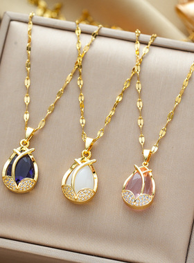 精致猫眼石郁金香钛钢项链女百搭轻奢小众设计感新款潮时尚锁骨链