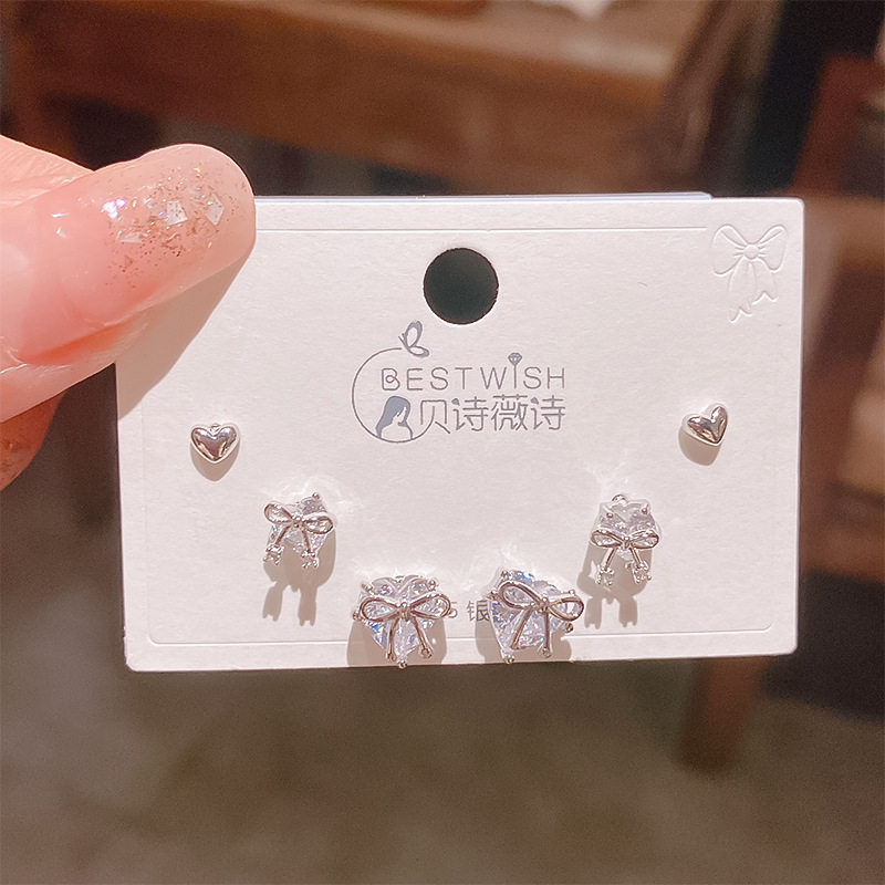 爱心高级感蝴蝶结锆石小耳钉三对装 女韩版精致银针耳钉6件套装