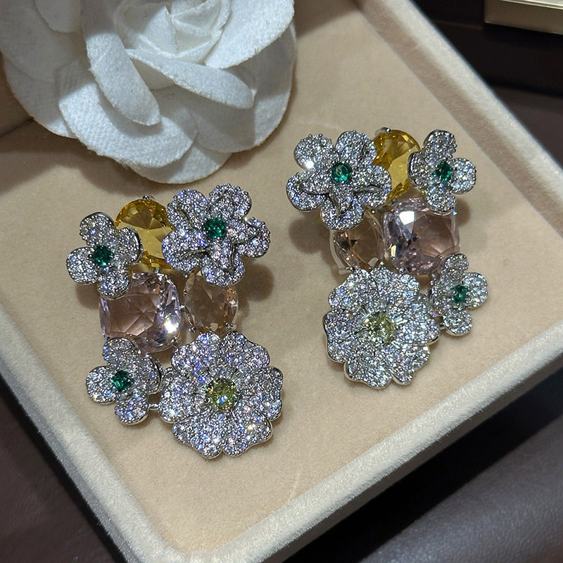 意大利宫廷风锆石花朵耳钉轻奢高级感耳环奢华宴会气质百搭耳饰女