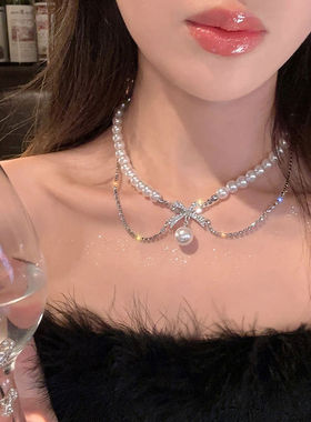 浪漫出逃~双层蝴蝶结珍珠项链女款轻奢小众优雅贵气锁骨链颈链潮
